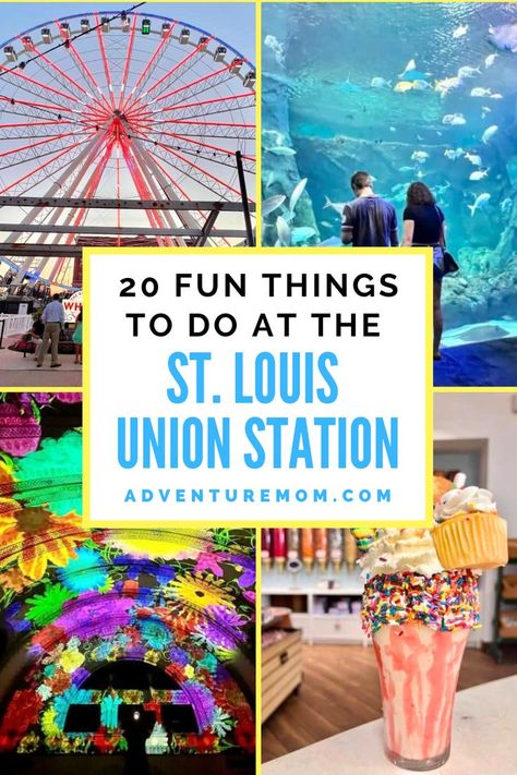 Ferris Wheel and Milk Shake. With Text Reading: 20 Fun Things to Do at St. Louis Union Station Hotel. St Louis Union Station, Adventure Mom, Kid Friendly Restaurants, Bucket List Family, Springfield Illinois, Ropes Course, Midwest Travel, Family Road Trips, Union Station