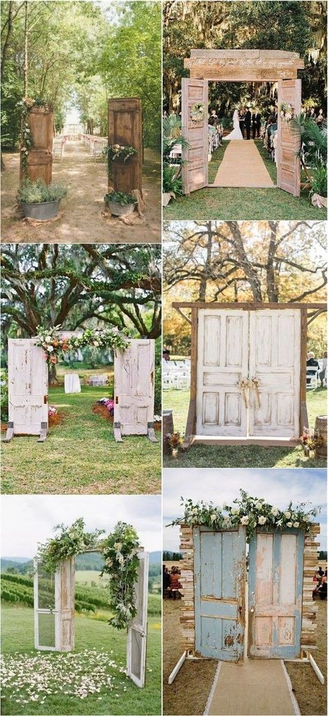 rustic wood old door wedding backdrop and ceremony entrance ideas Old Doors Wedding, Rustic Outdoor Wedding Ceremony, Wedding Ceremony Entrance, Ceremony Entrance, Wedding Doors, Rustic Wedding Ceremony, Entrance Ideas, Rustic Outdoor Wedding, Wedding Entrance