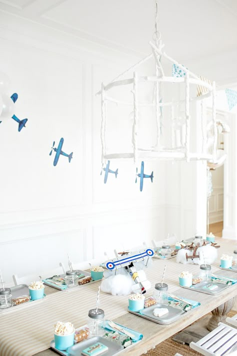 Airplane Birthday Party Monika Hibbs Airplane Balloon Centerpieces, Aeroplane Party Ideas Boys, Vintage Airplane First Birthday Party, Aeroplane Theme Birthday Party, Airplane Centerpieces, Paper Airplane Party, Aeroplane Party, Airplane Themed Birthday Party, Airplane Party Theme