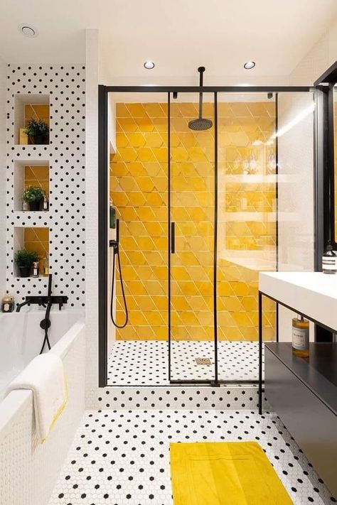 Yellow Tile Bathroom Ideas, Yellow Tile Bathroom, Bright Bathroom, Yellow Bathrooms, Bathroom Renos, Bathroom Colors, Bathroom Style, Yellow And Black, Saint Martin