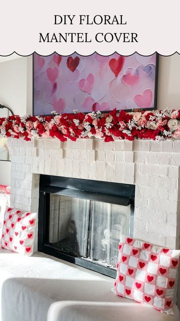 Pool Noodle Mantel Garland, Pool Noodle Floral Garland Diy, Pool Noodle Flowers, Valentines Fireplace Decorations Mantels, Valentines Mantle Decor With Tv, Valentine Decor Fireplace Mantels, Valentine’s Day Mantel Decor, Valentines Mantel, Valentines Garland