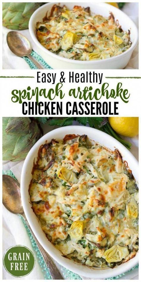 (Ad) This Healthy Spinach Artichoke Chicken Casserole is total comfort food. It’s easy to make, packed with protein, brimming with spinach and artichoke hearts and full of flavor. | Recipes to Nourish | Healthy Dinners | Gluten-free dinner recipes | Grain-free dinner recipes | healthy casserole | Easy gluten-free meals || #glutenfreedinners #healthymeals #healthydinner Healthy Spinach Artichoke Chicken, Grain Free Recipes Dinner, Spinach Artichoke Chicken Casserole, Grain Free Dinner, Healthy Chicken Casserole, Real Food Dinner, Spinach Artichoke Chicken, Healthy Casserole Recipes, Artichoke Chicken