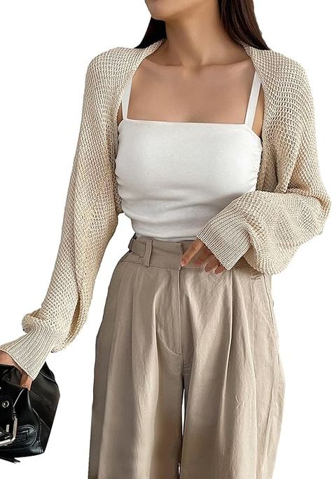 SHENHE Women's Open Front Bolero Shrug Lightweight Dolman Sleeve Cropped Cardigan Apricot S at Amazon Women’s Clothing store Kawaii Closet, Bolero Shrug, Shrug Sweater, Cute Sweaters, Cropped Cardigan, Bandeau Top, Amazon Women, Cami Dress, Spaghetti Strap Dresses