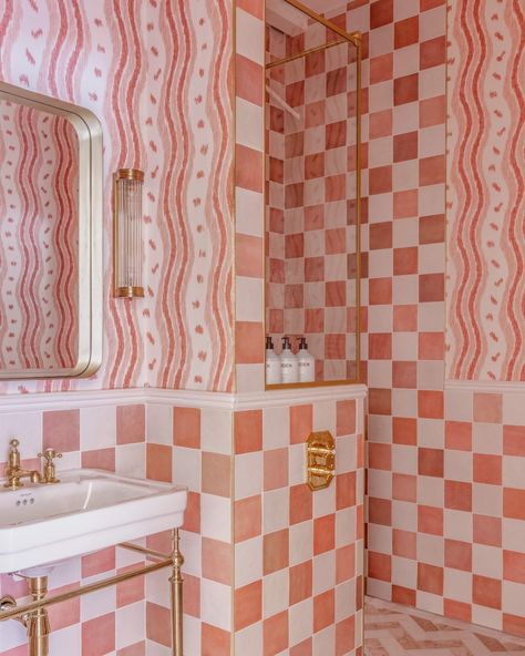 Fritz Porter (@fritzporterchs) | Instagram Kin House, Monochromatic Bathroom, Roll Top Bath, Wall Niche, Pink Checkered, Up House, Maximalism, Coffered Ceiling, Shower Wall