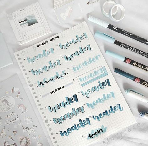 Bullet Journal Header Ideas, Title Fonts, First Letter Of Your Name, Header Ideas, Blue Journal, Bullet Journal Headers, File Decoration Ideas, Neat Handwriting, Study Flashcards