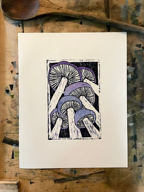 Periwinkle Blue Mushrooms Hand-carved Woodblock Print - Etsy Mushroom Prints, Wood Block Print, Tiny Mushroom, Linoleum Print, Lino Art, Woodland Art, Linocut Art, Wood Block Printing, Relief Print