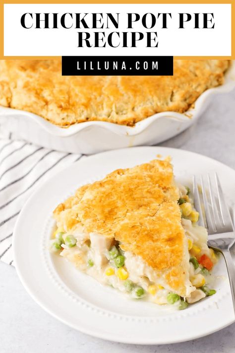 This easy chicken pot pie recipe is the definition of comfort food! It's warm, rich with flavor, and has the best flaky crust. #chickenpotpie #chickenrecipes #chickendinner #dinnerrecipes #dinner Pot Pie Recipe Easy, Easy Chicken Pot Pie Recipe, Best Chicken Pot Pie, Chicken Pot Pie Filling, Homemade Chicken Pot Pie, Chicken Pot Pie Recipe, Pot Pie Filling, Flour Bread, Pot Pie Recipe