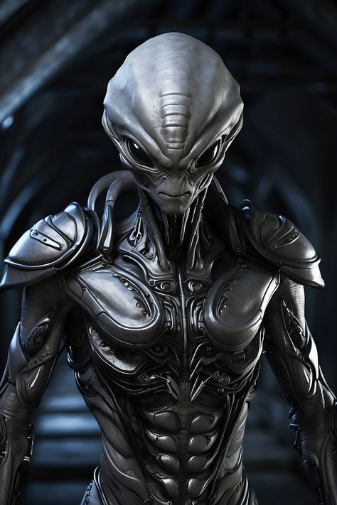 Gray Alien Character Design, Black Leather Armor, Grey Aliens, Gray Alien, Angel Hierarchy, Alien Encounters, Grey Alien, Alien Character, Alien Concept