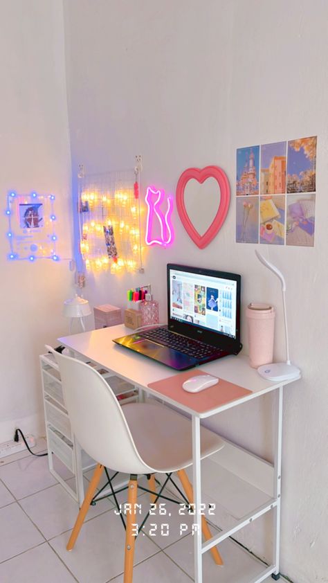 Desk Aesthetic, Aesthetic Desk, Desk Set, Aesthetic Room, Corner Desk, Led Lights, Desk, Led, Furniture