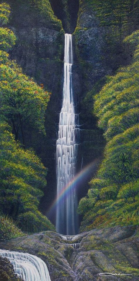 Waterfall Astethic, Waterfall With Flowers, Falls Painting, Waterfall Rainbow, Hawaiian Painting, Bathroom Paintings, Creek Garden, Jungle Pictures, Tropical Waterfall