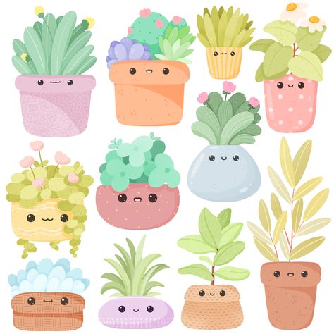 Plants Cute Drawing, Kawaii Plants Drawing, Cute Plant Illustration, Cute Animal Stickers Kawaii, Cute Clipart Aesthetic, Potted Plant Doodles, Cute Plants Drawing, Cute Plant Drawings, Kawaii Stickers Png