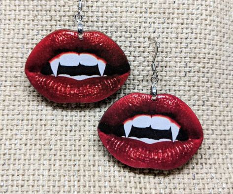 Vampire Lips Dangling Earrings | Handmade | Lightweight Wood – The Bullish Store Lips Earrings, Zoffany Wallpaper, Horror Earrings, Vampire Earrings, Vampire Jewelry, Pierre Frey Fabric, Vampire Lips, Jewelry Goth, Morris Wallpapers