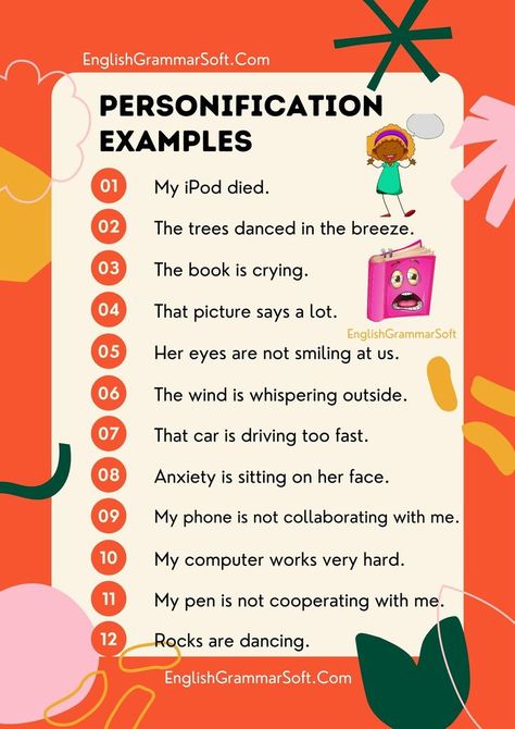 Personification Examples Personification Examples, Personification Poems, Poetic Devices, Grammar For Kids, Classroom Anchor Charts, Teaching English Grammar, Literacy Lessons, Language Arts Lessons, Interesting English Words