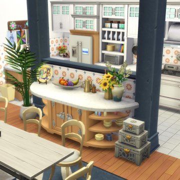 Sims Kitchen Ideas, Kitchen The Sims 4, Sims 4 Room Ideas, Sims Kitchen, Kitchen Layout Ideas With Island, Sims Room, Sims Interior, Kitchen Islands Ideas With Seating, Geek Home Decor