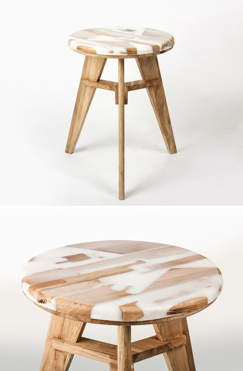 Hattern, a design studio based in Seoul, South Korea, focuses on up-cycling and extracting patterns from waste, and they have created a stool from wood and resin, named ‘Zero Per Stool’. Home Made Furniture, Wood Waste, Woodworking Table, Made Furniture, Wood And Resin, Resin Furniture, Wood Ideas, Plastic Furniture, Wood Stool