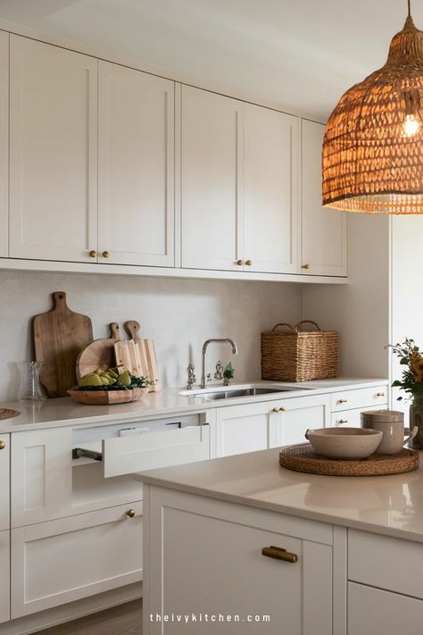 Modern kitchen with white cabinets, wooden accents, and a wicker light fixture. Kitchen Styling Ideas Inspiration, Off White Countertops Kitchen, Warming Up A White Kitchen, White Nordic Kitchen, White Cabinet Kitchen Ideas, White Kitchen Decor Ideas, Ivy Kitchen, Backsplash With White Cabinets, White Kitchen Countertops