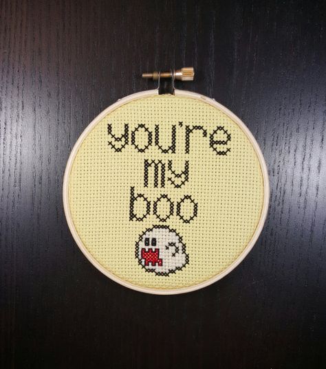 you're my boo - cute valentine's cross stitch Bowser Cross Stitch, Nintendo Cross Stitch Pattern, Cross Stitch For Boyfriend, Nintendo Cross Stitch, Boo Cross Stitch, Nintendo Decor, Mario Boo, Bubble Games, St Valentine