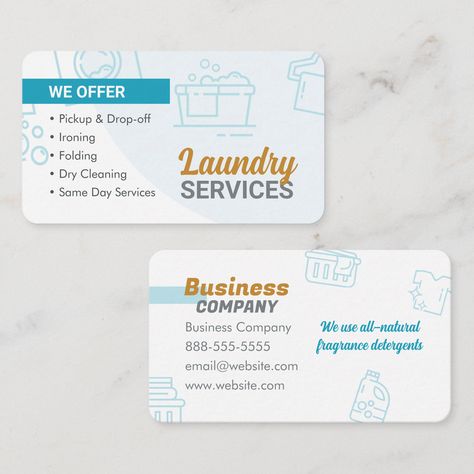 Freshen up your business brand with a bright and engaging business card for your laundromat and laundry services! This eye-catching professional design features washing machines, fluffy clean clothes, and bubbly cleaning icons. Highlight your top-tier services like ironing, folding, washing, drying, dry cleaning, and even convenient pick-up and drop-off options. Don’t forget to include a clear list of services, your contact details, and a snappy tagline about your company. With this cheerful and professional card, your business will be the talk of the spin cycle! Cleaning Icons, Clean Clothes, Laundry Supplies, Laundry Service, Dry Cleaners, Business Company, Washing Machines, Drop Off, Services Business