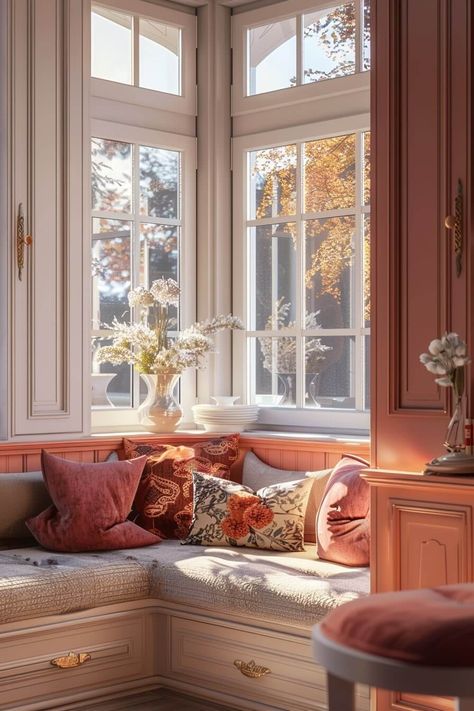 Kitchen Seating Bay Window Under Bay Window Ideas, French Sunroom, Cozy Kitchen Seating, Bay Window Lighting, Comfy Window Seat, Square Bay Window Ideas, Conservatory Interiors Ideas, Mediterranean House Style, Small Window Seat