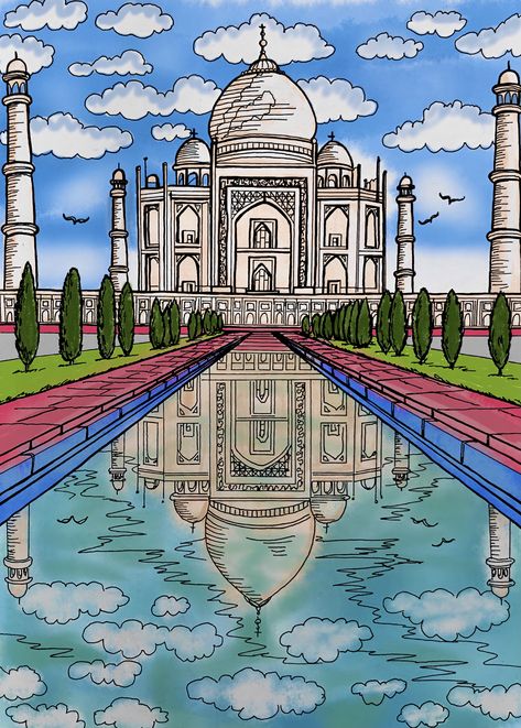 Worldview Drawing, Taj Mahal Painting Easy, Making The World A Kinder Place Drawing, Interesting Drawing Ideas Creative Easy, Taj Mahal Drawing Watercolor, How To Draw Taj Mahal, Taj Mahal Drawing Easy, India Drawings Ideas, Draw In Ipad