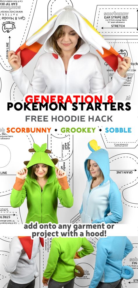 Free Pattern Friday! Gen 8 Pokemon Starter Hoodie Hacks – Choly Knight Creepy Patterns, Hoodie Hacks, Gen 8 Pokemon, Nerdy Diy, Choly Knight, Artist Table, Pokemon Starter, Plush Making, Pokemon Hoodie