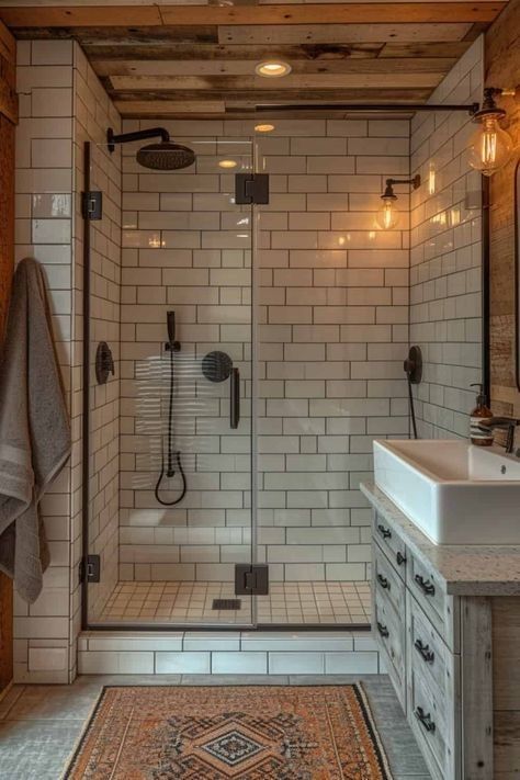 Toilet Next To Shower Stall Small Bathroom, Farmhouse Shower Doors Walk In, Farmhouse Doorless Showers Walk In, Smaller Shower Ideas, Rustic Small Shower Ideas, Small Bathroom With Walk In Shower Ideas Subway Tiles, Remodeled Showers Walk In, Bathroom Remodel No Tile, Small Walk In Bathroom Ideas