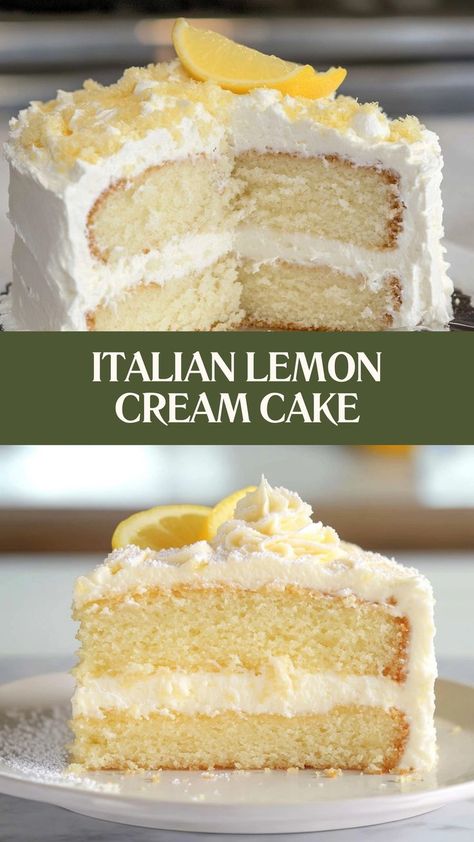 Tangy, creamy, and simply irresistible—Italian Lemon Cream Cake is the perfect dessert to brighten up any occasion! 🍰🍋 #ItalianLemonCake #TangyDelight #CheesecakeFactoryFavorites #LemonLovers #ZestyAndSweet #DessertGoals #CitrusCravings #PerfectlyCreamy #SweetTreats #LemonDesserts 🍋✨ Lemon And Vanilla Cake, Lemon Cake For Birthday, Cake Recipes Single Layer, Mascarpone Lemon Cake, Lemon Cake Italian, Lemon Opera Cake, Coconut And Lemon Cake, Italian Cream Pound Cake Recipe, Lemon Cake With Sour Cream