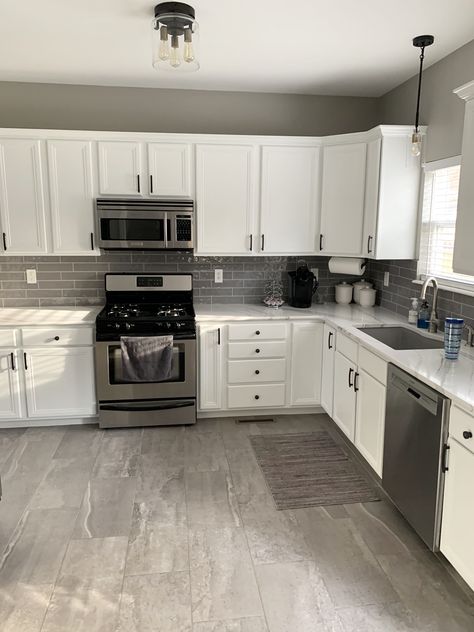 Painted White Cabinets, Grey Subway Tile, Gray And White Kitchen, Kitchen Ideas Dark Cabinets, Kitchen Ideas Dark, Diy Kitchen Renovation, White Kitchen Design, House Design Kitchen, Dark Cabinets