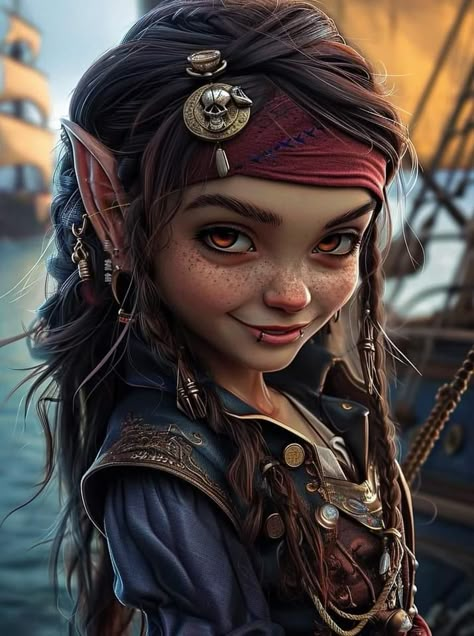 Female Gnome Character Art, Dnd Pirate Female, Female Hobbit, Goblin Party, Alien Elf, Dnd Night, Fantasy Pirate, Weird Dolls, Pirate Character