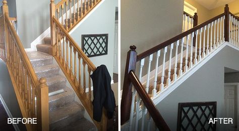 Should You Paint or Stain Stairs and Railings in Your Home? | Sharper Impressions Painting Stair Railing Paint, Painting Wooden Stairs, Staining Stairs, Banister Remodel, Oak Banister, Diy Stair Railing, Staircase Remodel, Brown House, Stair Case