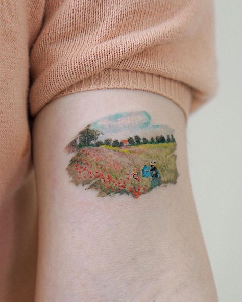 Abii 아비 on Instagram: “/ 👩🏻‍🎨🎨❤️ Claude Monet - Poppy Fields near Argenteuil (1873) @abii_tattoo Done with @complex.seoul #아비타투 #abiitattoo #claudemonet…” Claude Monet Tattoo, Monet Tattoo, Owl Feather Tattoos, Van Gogh Tattoo, Artistic Tattoos, Water Lily Tattoos, Circular Tattoo, Colour Tattoo, History Tattoos