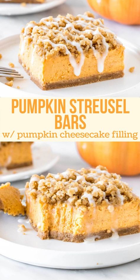 These delicious pumpkin streusel bars have a cinnamon graham cracker crust, creamy pumpkin cheesecake filling, and brown sugar streusel on top. They're a little different than classic pumpkin pie - and even more delicious if you ask me. #pumpkin #bars #streusel #cheesecake #fall #baking #treat #dessert #pumpkinstreuselbar from Just So Tasty Pumpkin Cheesecake Filling, Pumpkin Streusel, Streusel Bars, Pumpkin Cheesecake Bars, Pumpkin Coffee Cakes, Pumpkin Pie Bars, Homemade Pumpkin Puree, Pumpkin Bars, Pumpkin Recipes Dessert