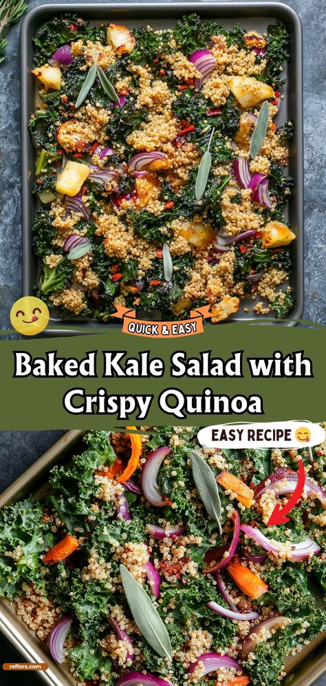 Baked Kale Salad with Crispy Quinoa Quinoa And Kale Salad Recipes, Baked Kale Salad, Quinoa And Kale Recipes, Kale Recipes Healthy, Crunchy Quinoa, Baked Quinoa, Massaged Kale Salad, Broccoli Side Dish, Baked Kale