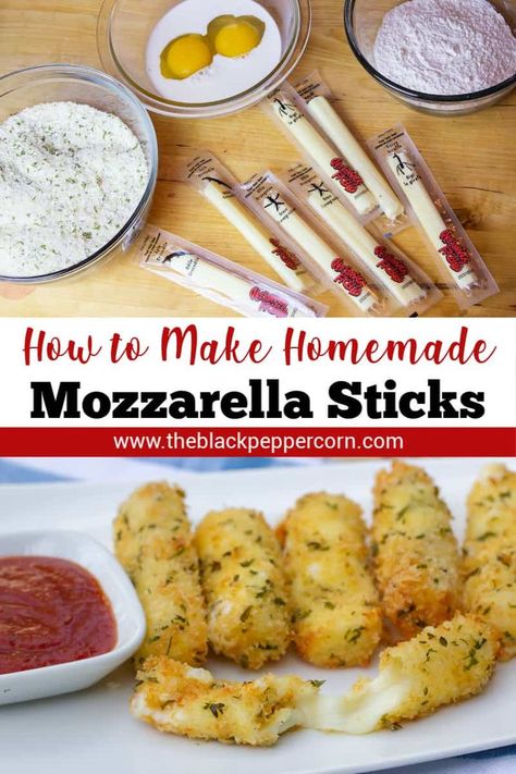 Homemade Mozzarella Sticks made with Cheese Strings - The best easy recipe for how to make mozzarella sticks with cheese strings. Breaded with Italian seasoned panko bread crumbs and deep fried in hot oil. String Cheese Recipes, Homemade Cheese Sticks, Cheese Sticks Recipe, Homemade Mozzarella Sticks, Recipes With Mozzarella Cheese, Mozzarella Sticks Recipe, Homemade Mozzarella, Mozzarella Cheese Sticks, Bread Sticks Recipe