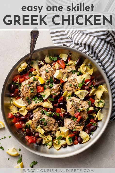 Enjoy Mediterranean cooking any weeknight with this easy 30-minute recipe for Greek chicken thighs with olives, tomatoes, and artichokes. This packs a ton of flavor into just one skillet, so cooking and clean-up are both a breeze. And with a few simple tricks, you'll learn how to deliver perfectly tender chicken each and every time. #greekchicken #easychickenrecipes #mediterraneanrecipes Chicken Artichoke Recipes, Salad Appetizer Cups, Mediterranean Cooking, Chicken Breast Crockpot Recipes, Greek Dinners, Crockpot Chicken Breast, Greek Chicken Recipes, Pane Dolce, Ground Chicken Recipes