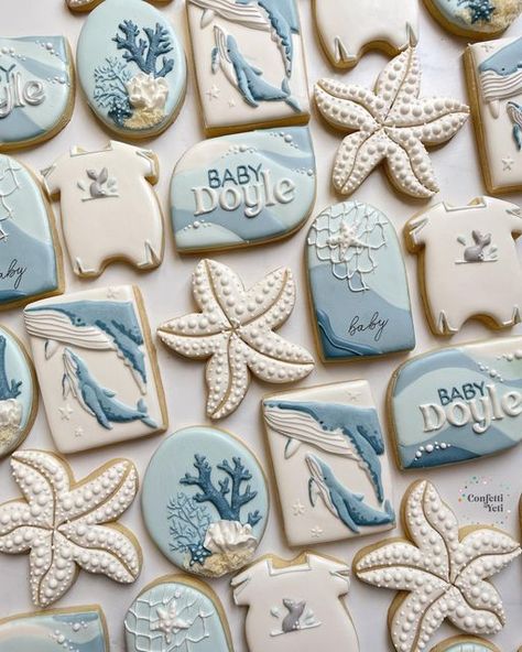 Beach Themed Cookies Decorated, Beach Cookies Decorated, Ocean Cookies, Ocean Birthday Cakes, Starfish Cookies, Whale Cookies, Sea Cookies, Holiday Deserts, Cookie Corner