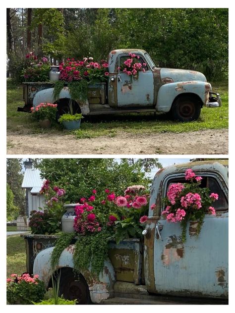 Truck Flower Bed, Driveway Entrance Landscaping, Flower Truck, Lawn Art, Farmhouse Landscaping, Old Truck, Garden Help, Yard Project, Garden Yard Ideas