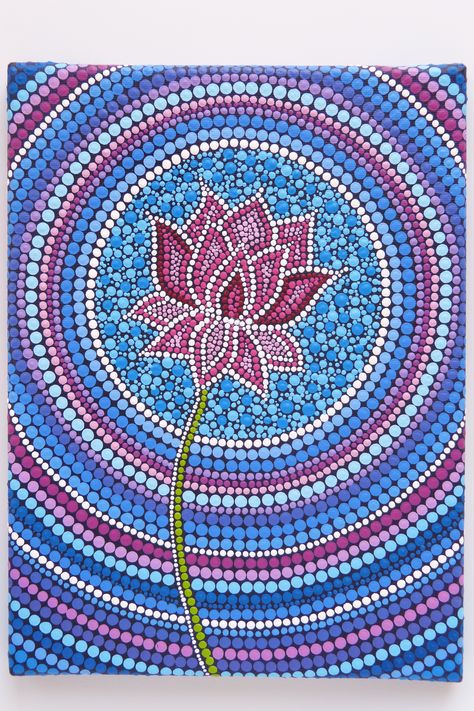 Lotus Flower painted by Melinda Tamas, dot painting, acrylic paint on canvas 18 x 24 cm Lotus Mandala Dot Painting, Dot Painting Lotus Flower, Indian Dot Painting, Lotus Dot Mandala, Dot Art Painting Canvases, Flower Dot Painting, Flower Dot Art, Acrylic Dot Painting Ideas, Dot Painting Flowers