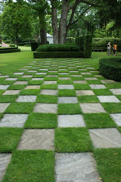 Checkerboard lawn (1) by KarlGercens.com, via Flickr Cantera Stone, Formal Garden Design, Stone Deck, Small Front Yard Landscaping, Grass Pattern, Garden Paving, Front Yard Garden Design, Stone Walkway, Garden Walkway