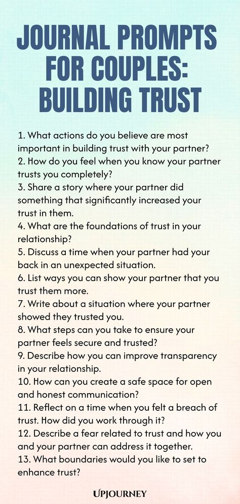 Explore these insightful journal prompts designed for couples to enhance trust and connection in your relationship. Building trust is essential for a strong partnership, and these prompts will help you deepen your bond through meaningful conversations. Take some time together to reflect on these prompts and grow closer as a couple. Strengthen trust, communication, and understanding with the power of intentional journaling. Start your journey towards a more trusting and fulfilling relationship to Journal Prompts For Relationship Problems, Couple Journal Prompts, How To Build Trust, Trust Building Activities For Couples, How To Rebuild Trust In A Relationship, Relationship Building Activities Couples, Prompts For Relationship, Journaling Relationship, Couple Journal Ideas Relationships