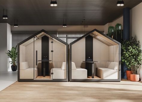 Treehouse pods for up to four person meetings with seating either side, table and power Visual Lighting, Urban Office, Study Spaces, Maximize Small Space, Office Pods, Cozy Home Office, Soft Furniture, Urban Decor, Modular Structure