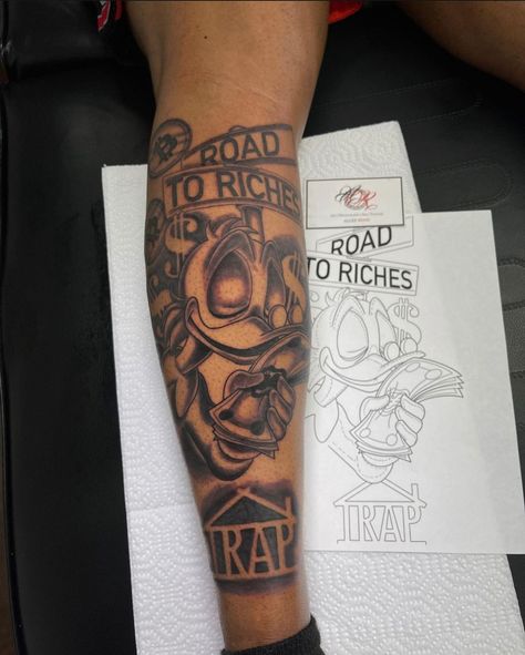 Road Tattoo Sleeve, Gta Cheat Code Tattoo, Road 2 Riches Tattoo Design, Rod Wave Lyric Tattoo Ideas, J Cole Kod Tattoo, Road To Riches Tattoo, Area Code Tattoo, Area Code Tattoos, Road To Riches