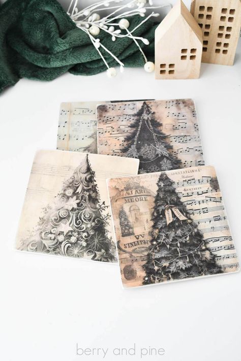 These Dollar Tree decoupage coasters have a vintage feel and are totally customized for anyone. Learn the best way to DIY these Christmas coasters using ModPodge. This holiday craft to make and sell will be a big hit in any style, but the vintage holiday style is so popular this year. Use any decoupage paper, decoupage rice paper, printed tissue paper for decoupage, or napkins to get this look. You can use the iron method for decoupage to ensure the paper is smooth and bubble free. Diy Decoupage Christmas Ornaments, Diy Modge Podge, Craft To Make And Sell, Decoupage Christmas Ornaments, Decoupage On Wood, Decoupage Coasters, Printed Tissue Paper, Decoupage Rice Paper, Christmas Boards