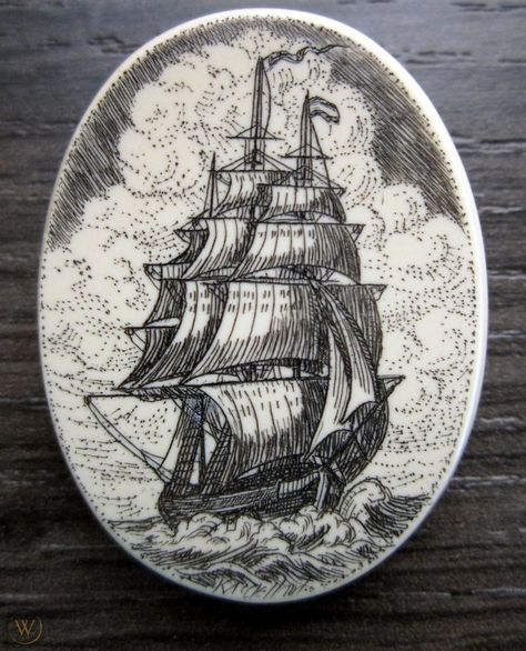 Scrimshaw Button by Kim & Katherine McClelland - Sailing Ship | #1888767368 Sailor Drawing, Dog Mural, Scrimshaw Art, Tattoo Board, Tree Of Life Art, Flying Dutchman, Sleeve Ideas, Tall Ship, Sleeves Ideas