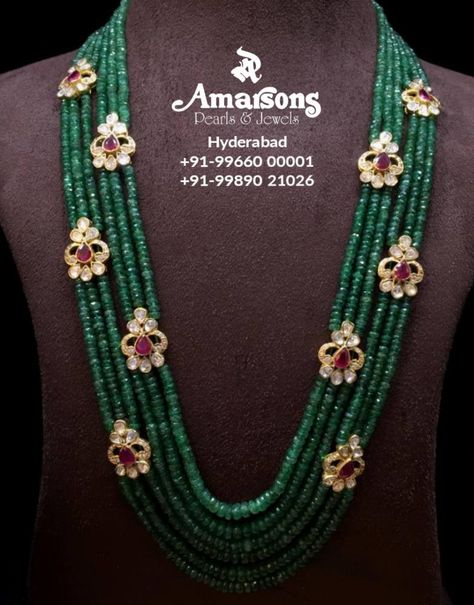 Multi-strand emerald beads long necklace Emerald Beads Mala, Amarsons Jewellery, Emerald Beads Necklace, Beads Long Necklace, Ruby Jewelry Necklaces, Bridal Diamond Necklace, Gold Jewels Design, Gold Pearl Jewelry, Diamond Wedding Jewelry