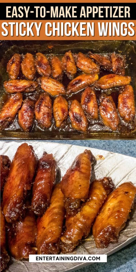 Baked Sticky Chinese Chicken Wings With Brown Sugar & Soy Sauce | Party Finger Foods Sweet And Sour Chicken Wings Recipe, Chinese Chicken Wings Recipe, Sticky Chinese Chicken, Sticky Wings Recipe, Soy Sauce Chicken Wings, Chicken Wing Sauce Recipes, Chinese Chicken Wings, Football Party Ideas, Easy Chicken Wing Recipes