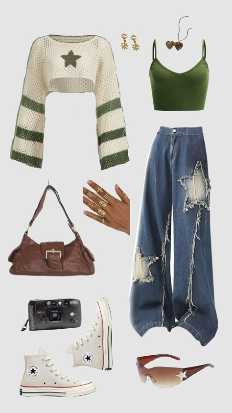 #fashioninspo #fashion #jeans #stargirl #coolgirlaesthetic #y2k #aesthetic #starjeans #denim #green Retro Denim Outfits, Stargirl Fits, Wardrobe Remodel, Green Y2k Outfit, Y2k Jeans Outfit, Stargirl Style, Vintage Y2k Outfits, Stargirl Outfits, Shifting Outfits