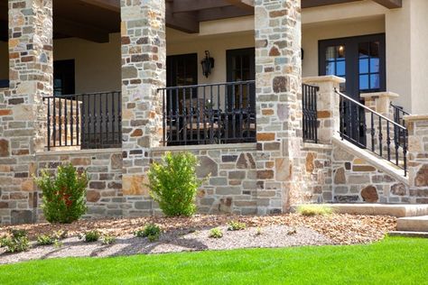 Finelli Ironworks – Porch Railing Stone Railings, Tuscan Style Villa, Wood Gates Driveway, Front Porch Inspiration, Curved Patio, Porch Inspiration, Front Porch Railings, Curved Railing, Stone Porches