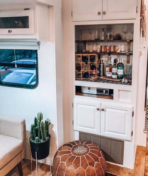 Turn tv cabinet into coffee bar Coffee Bar In Camper, Coffee Bar In Rv, Camper Tv Cabinet Remodel, Rv Bar Ideas, Rv Tv Cabinet Remodel, Rv Coffee Bar Ideas, Renovating Camper, Rv Coffee Bar, Camper Coffee Bar