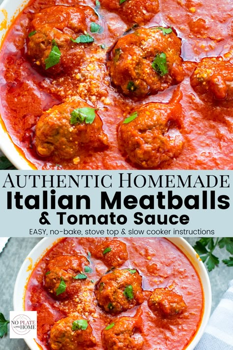 My Italian immigrant mother called it gravy but, I call it sauce to distinguish it from brown gravy. In Italy, it's called "succo" which means juice. These EASY Authentic Homemade Italian Meatballs & Tomato Sauce (gravy) recipe is NO BAKE and EASY because you simply add the ingredients to one bowl, roll & dump the meatballs in the sauce or gravy, whatever you call it to cook for 2.5 hours. Gluten-free option & Crock Pot instructions included. #Italian #meatballs #nobake #slowcooker Meatballs Tomato Sauce, Authentic Italian Meatballs, Tomato Sauce For Meatballs, Recipe Meatballs, Homemade Italian Meatballs, Meatballs Recipes, Italian Meatballs Recipe, Italian Tomato Sauce, Meatball Recipes Easy